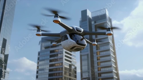 Autonomous air taxi flies through urban cityscape, future of transportation, personal aerial vehicle for urban mobility, innovative travel, futuristic technology