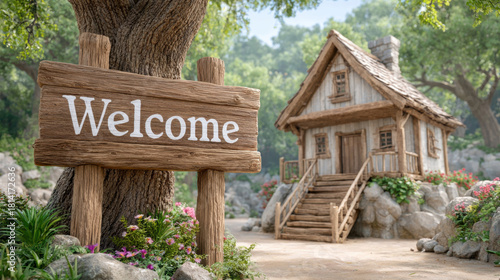 A whimsical tree house featuring a wooden sign that reads 