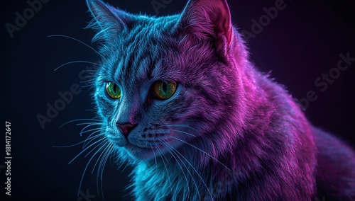 Tabby cat in neon lighting with blue and pink glow, closeup feline portrait, trendy modern animal aesthetic