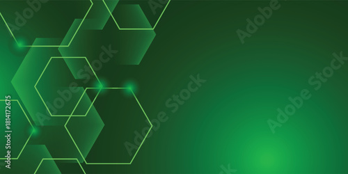 Abstract hexagons on the green background. Hi-tech digital technology and engineering concept. Digital template with polygons for medical and science banners or presentations.