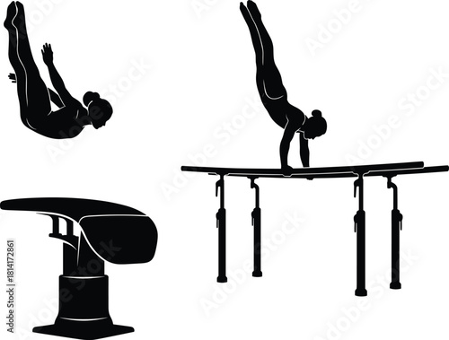 Silhouette of female gymnast performing vault and parallel bar exercises, artistic gymnastics training illustration, professional sports vector design concept