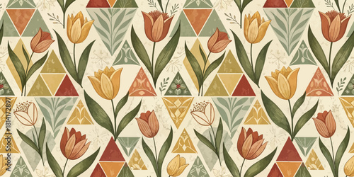 Colorful floral and geometric pattern featuring tulips and triangles in warm tones.