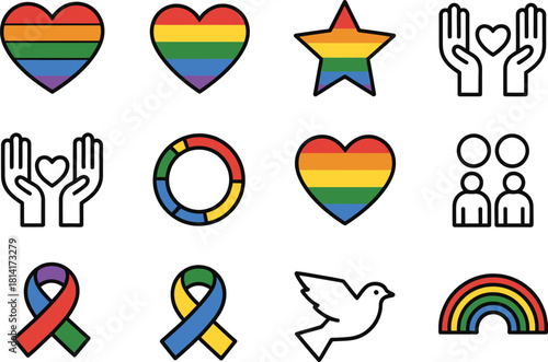 Pride Icons Set – Rainbow Heart, Flag Ribbon, Equality, Love, Peace Dove, LGBTQ Color Symbols