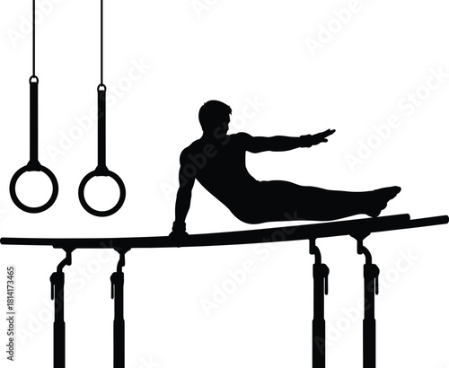 Silhouette of male gymnast performing on parallel bars with gymnastic rings, fitness strength training vector illustration for sports design projects