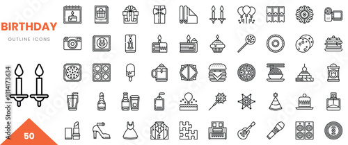 Colorful outline icons showcasing various birthday celebration elements, emphasizing joy and festivity.