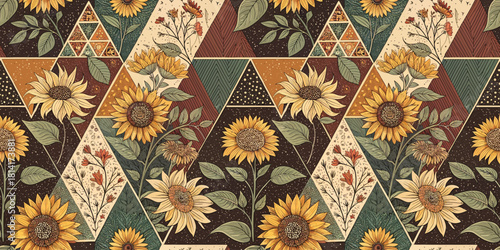 Vibrant floral pattern featuring sunflowers against geometric shapes, perfect for bohemian decor.