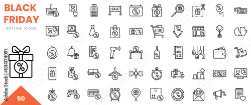 A collection of Black Friday icons, featuring sale tags, shopping carts, and discount graphics in outline style.