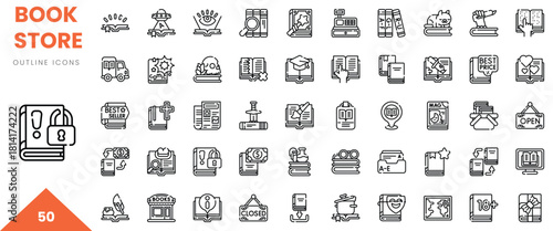 Detailed outline icons representing various bookstore themes and elements in a minimalist design.