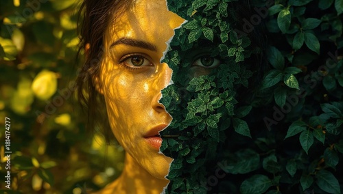 Woman blending with nature concept: half human face and half lush green leaves surreal portrait, environmental harmony, identity, duality