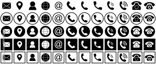 Business Card Contact Icons Vector Set. Comprehensive collection of communication symbols for UI/UX design, contact pages, mobile app, and corporate branding. Essential monochrome vector graphics.