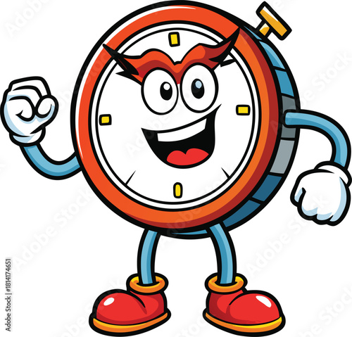 Cartoon clock character with angry eyebrows and a clenched fist on a white background time watch