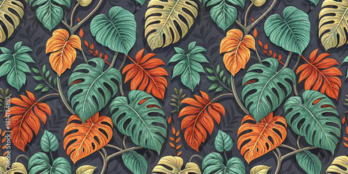 Vibrant tropical leaves in hues of green, orange, and yellow against a dark background, creating a lively pattern.