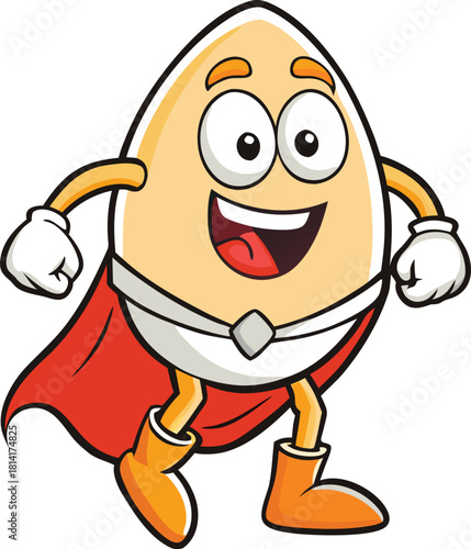 Cartoon egg character with a red cape and boots looking excited mascot superhero