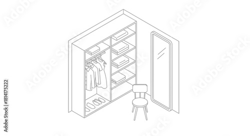 Isometric view of a modern walk in closet with mirror and chair
