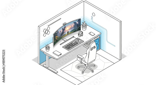 Isometric gaming setup illustration curved monitor desk and accessories