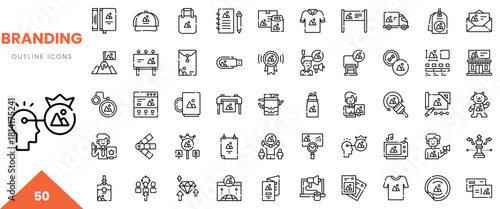 A collection of branding outline icons illustrating various marketing concepts and strategies.