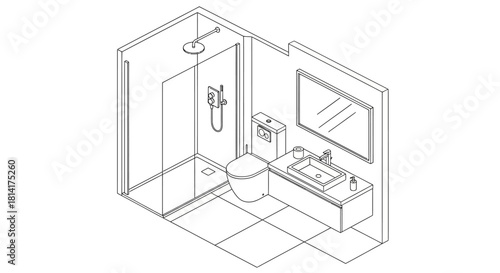 Isometric view of a modern bathroom with shower toilet and sink