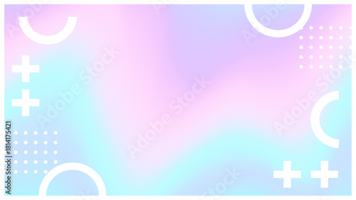 ホログラフィック調パステルなグラデーションのバックに、幾何学シェイプを配置したモダンでスタイリッシュなメンフィス風フレーム背景 (水色 ピンク 紫)