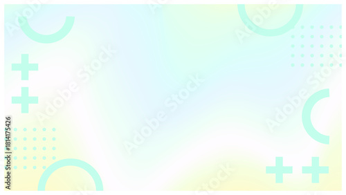 ホログラフィック調パステルなグラデーションのバックに、幾何学シェイプを配置したモダンでスタイリッシュなメンフィス風フレーム背景 (水色 黄色 緑)