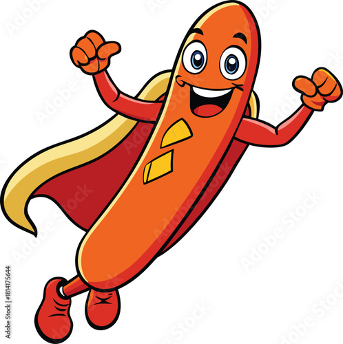 Cartoon hot dog character flying with a superhero cape and thumbs up vector illustration