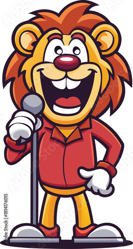 Cartoon lion with a mane wearing a red jacket singing into a microphone on stage character animal