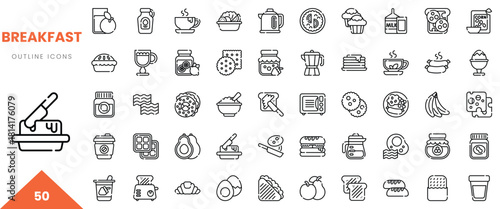 A diverse collection of breakfast food icons, featuring outline illustrations in black and white.