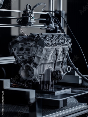 A Close-Up View of an Advanced Engine Block Being Fabricated on a Modern 3D Printer in a High-Tech Workshop Environment