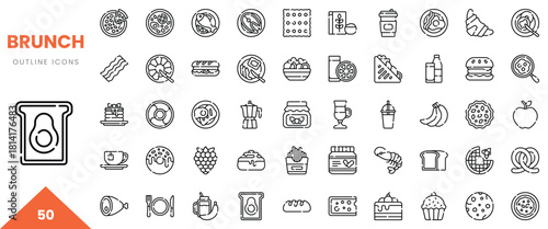 A collection of 50 outline icons representing various brunch foods and beverages.