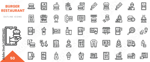 A collection of 50 outline icons related to burger restaurants, including food items and service elements.