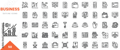 Set of 50 business outline icons, showcasing various finance, management, and growth concepts.