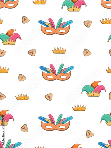 Festive Purim Holiday Elements Seamless Pattern