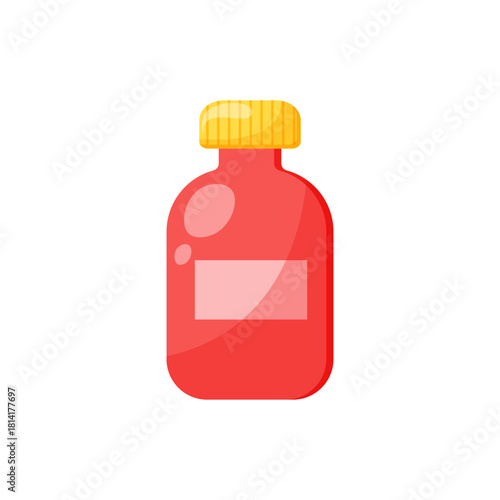 Medical  red bottle isolated on transparent background. Bottle with pills or syrup. Medical treatment and therapy. Medical tools. Single item. Cartoon flat style. Simple icon.  Vector illustration.