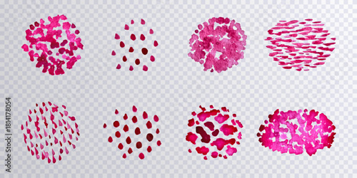 Collection of pink colourful watercolor dots isolated on transparent background. Set of pink  decorative splashes. Art decorations. Watercolour splashes. Design elements. Vector illustration.