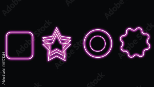 Neon Star and Circle Shape Outline Set on Black Background. Glowing Neon Star Icon with Circular Line Art