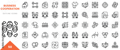A collection of outline icons representing business cooperation concepts and collaboration.