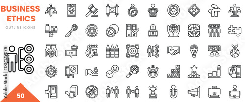 A collection of business ethics outline icons representing various concepts and values.