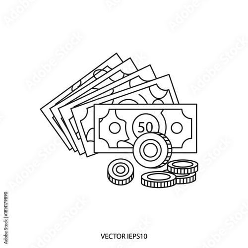 Hand-drawn outline illustration of a fan of banknotes and a stack of coins, symbolizing wealth and financial transactions