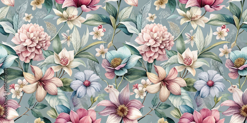 Vibrant floral pattern featuring various blossoms in soft pastel colors against a subtle blue background.