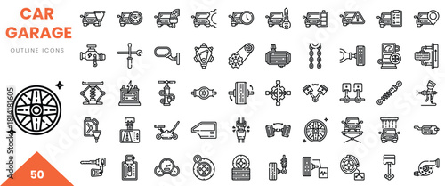 A collection of 50 detailed outline icons representing various car garage tools and equipment.