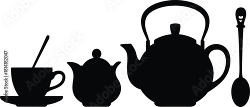 Tea or coffee set black silhouette vector illustration, collection of teapot, cup, sugar bowl, and spoon, breakfast, serving, and beverage graphic icons