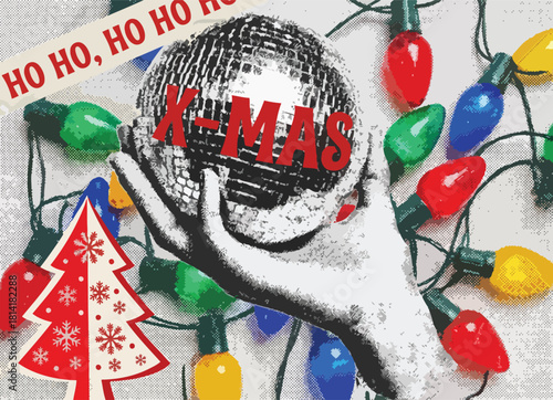 Hand holding a disco ball with the word xmas written on it, surrounded by colorful christmas light bulbs and a cutout tree decoration