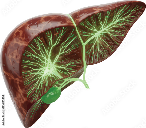 Anatomical model of a human liver cross section showing the biliary tree and gallbladder isolated on a white background.