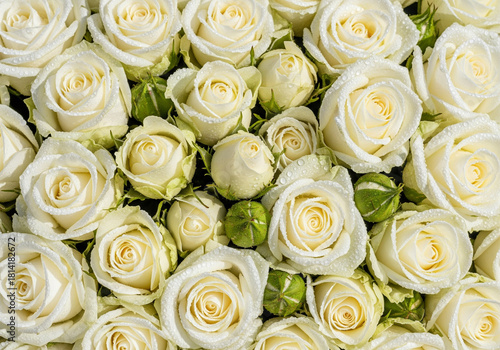 Soft creamy white roses in a close up arrangement symbolizing innocence and natural grace