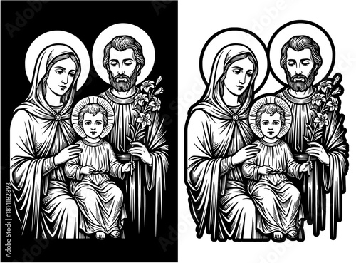 Foto Holy Family Religious Engraving Line Art Black and White Sacred Illustration wit