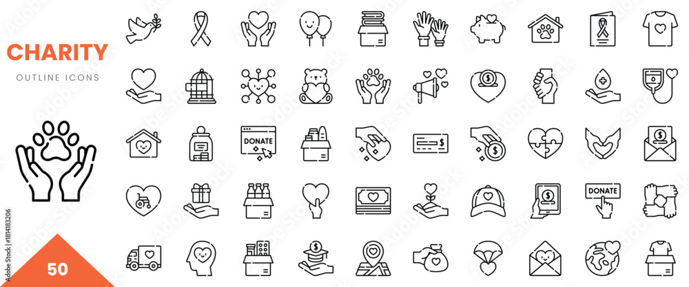 Φωτογραφία A collection of 50 outline icons representing charity-related themes and activities