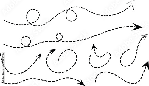 Dashed arrow vector illustration set for direction and navigation concepts
