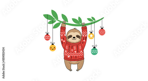 Cute sloth wearing a Christmas sweater hanging from a branch with ornaments.