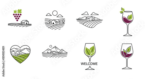 Collection of farm and vineyard icons featuring buildings, landscapes, grapes, and wine glasses.