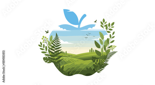 Apple silhouette framing a vibrant landscape with rolling green fields and blue sky.