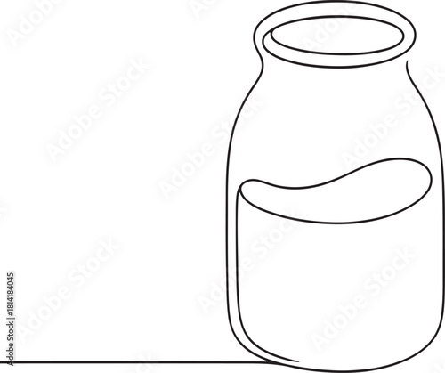Glass canning jar in continuous line art drawing style. Food preserve. Minimalist black linear sketch on white background. 